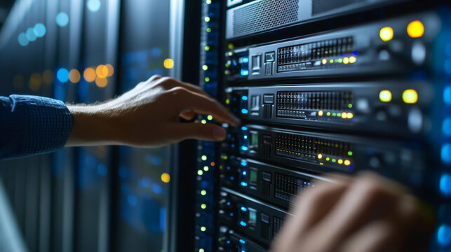 Admin in data center room with server hardware and hologram of computer processor. Engineer or programmer work in information storage office, network and hosting service, Cartoon vector illustration