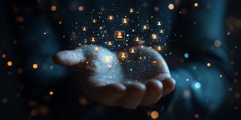 Person holding virtual connections network in hand concept for digital world