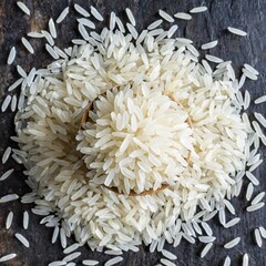 Dry Uncooked White Rice Background &ndash; Top View, Flat Lay, Scattered Raw Long Grain Rice, Asian Cuisine and Culture, Healthy Eating Ingredients, Diet Food