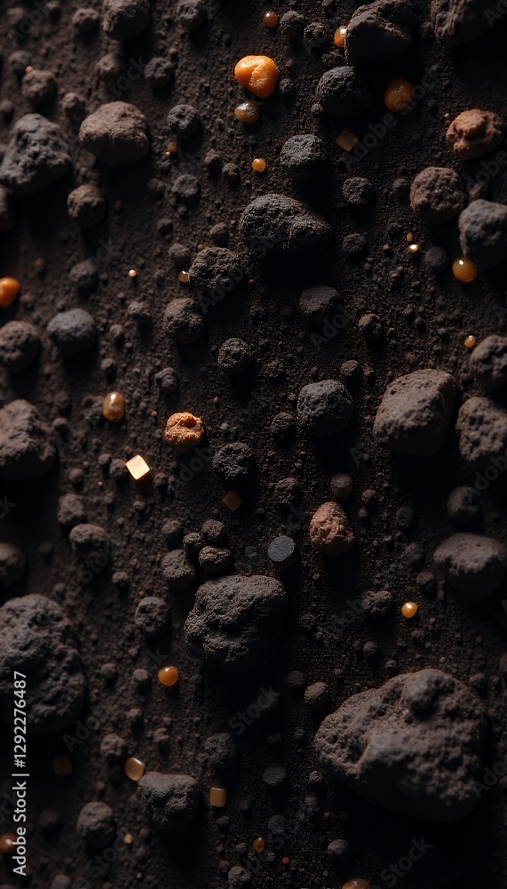 Poster dark brown soil texture with scattered pebbles and rocks closeup high resolution abstract background