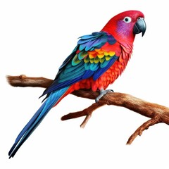 Fototapeta premium A vibrant parrot sits on a branch, showcasing bright colors against a clean white backdrop for a striking visual.