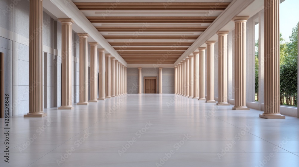 Poster expansive hallway with classical architecture featuring elegant columns and natural light