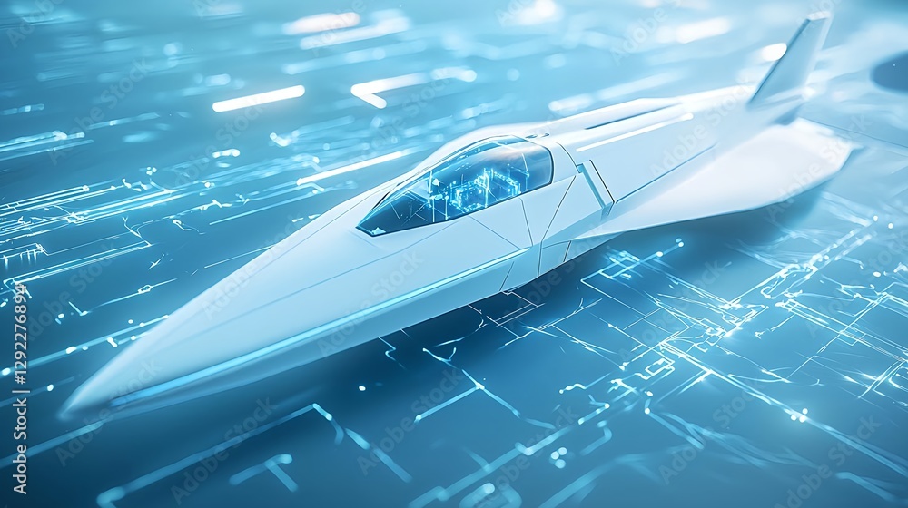 Poster futuristic-jet-aircraft-with-transparent-cockpit-and-digital-interface-on-blue-abstract-background-r
