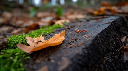 Red ant on mossy forest stump, autumn leaves