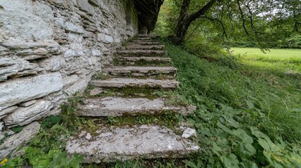 Old stone steps leading through nature. Possible use  Stock photo of rural scenery