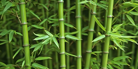 Obraz premium Green bamboo stalks with leaves, growing in a forest