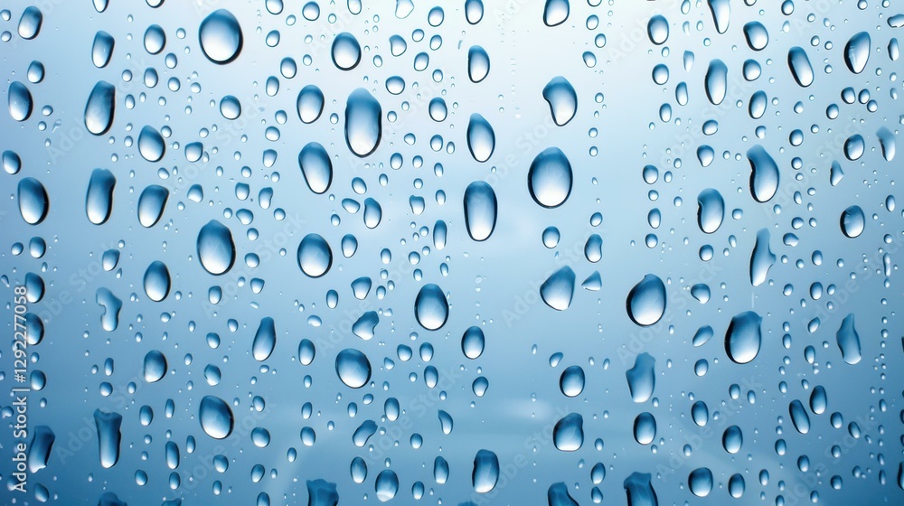 Poster abstract blue backdrop features clear raindrops, creating a stunning pattern on a smooth glass surfa