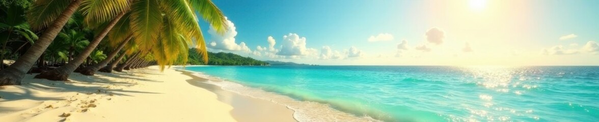 Golden sand, turquoise ocean, bright sun, palm trees , palm tree silhouette, paradise, yellow