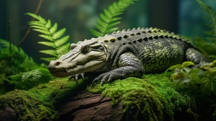 Obraz premium A fierce crocodile lurks in the misty wild, blending seamlessly with the natural backdrop of dense greenery and shadows.