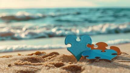 A vibrant puzzle heart rests on a sunny beach, symbolizing unity and awareness for World Autism Awareness Day.