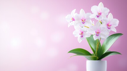 Fototapeta premium White orchids in pot, pink background, floral serenity, greeting card