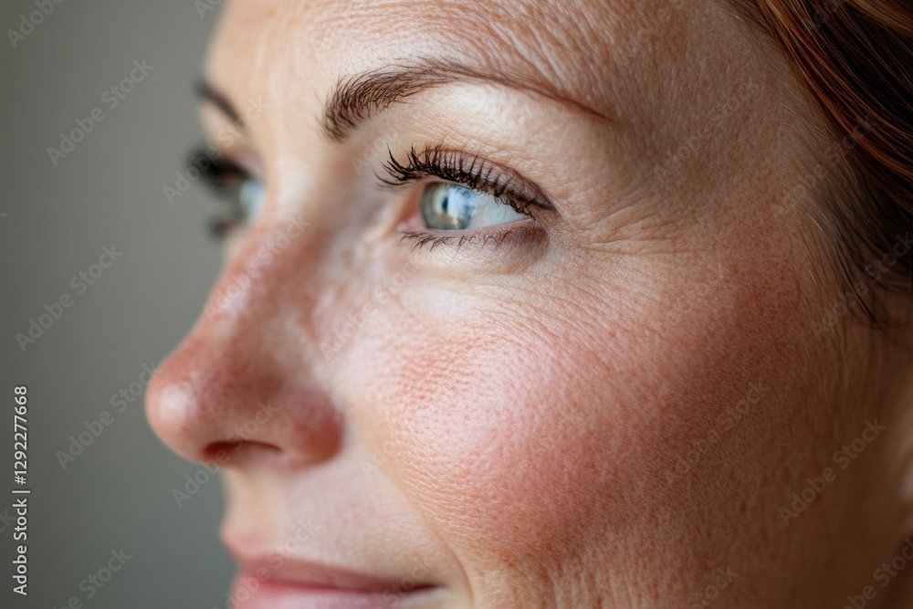 Poster close up view of womans face showing contrasting skin features highlighting anti aging treatment eff