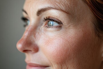 Close up view of womans face showing contrasting skin features highlighting anti aging treatment effects. Generative AI