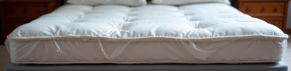 Obraz premium Sealed plastic mattress inside protective bag, rolled, retail, storage