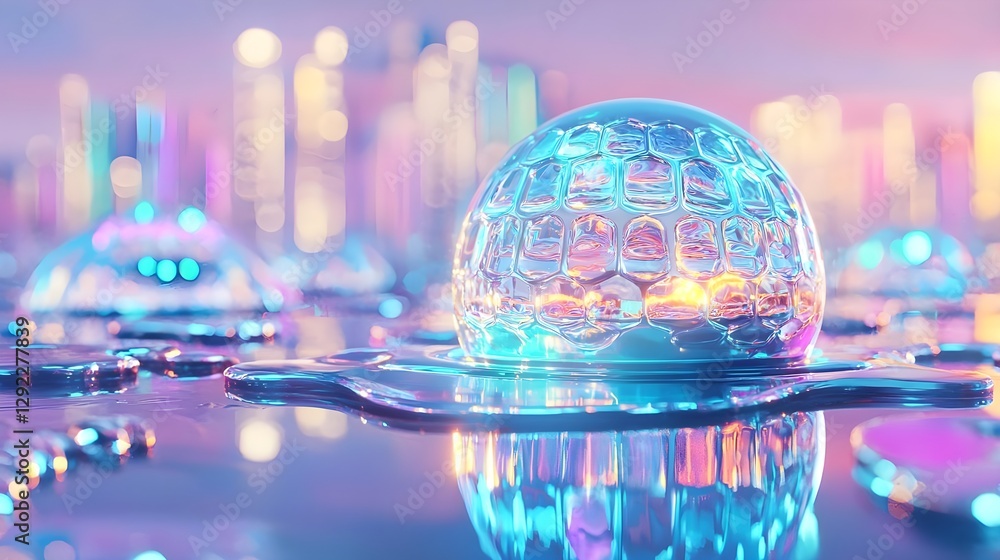 Poster futuristic-transparent-sphere-with-bubble-texture-on-a-colorful-reflective-surface-at-dusk-in-a-city