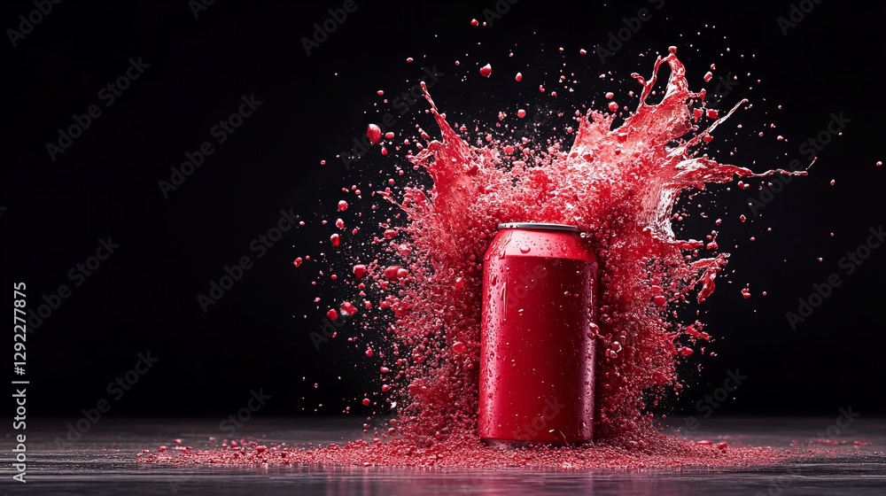 Poster crimson splash! a red can is the center of an explosion of liquid, creating a vibrant, dynamic image