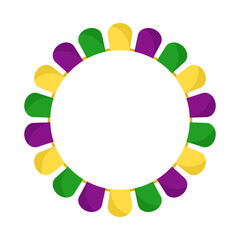 Vector Mardi Gras circle garland frame. Purple, green and yellow flags in circles with empty space on white