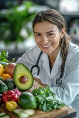 A woman doctor examining a variety of fruits and vegetables
