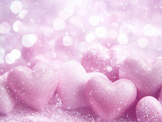 Obraz premium Soft pink glitter hearts over a blurry background.