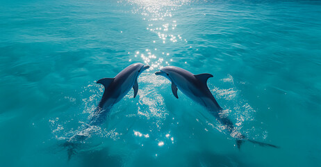 Naklejka premium Two dolphins swim together, leaping and splashing in the clear blue ocean. Sunlight reflects off the water, creating sparkles around them. Their joyful movements convey a sense of freedom and play