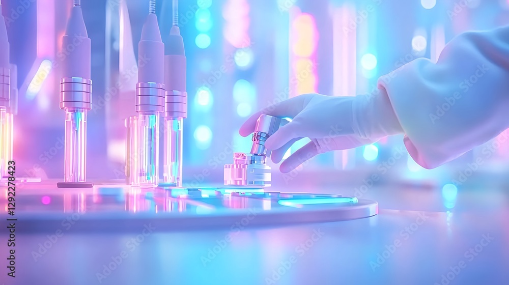 Poster hands-in-sterile-glove-conducting-scientific-experiment-in-illuminated-lab-with-colorful-vials-and-a