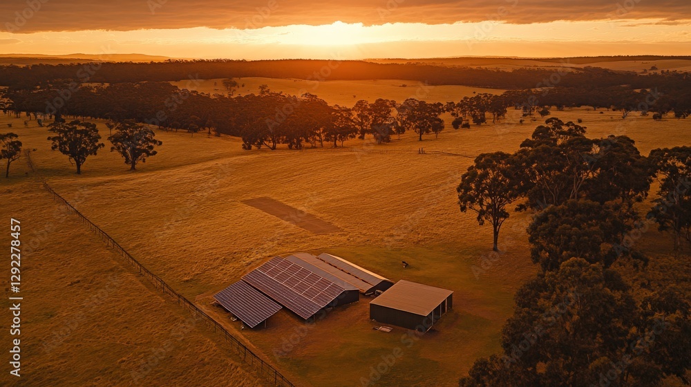 Poster aerial view of a solar panel installation on a farm at sunset, surrounded by open fields and trees