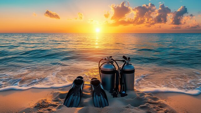 The scuba diving equipment is set on the sandy shore, waiting for divers to explore the underwater world as the sun sets on the horizon, casting warm colors across the sky