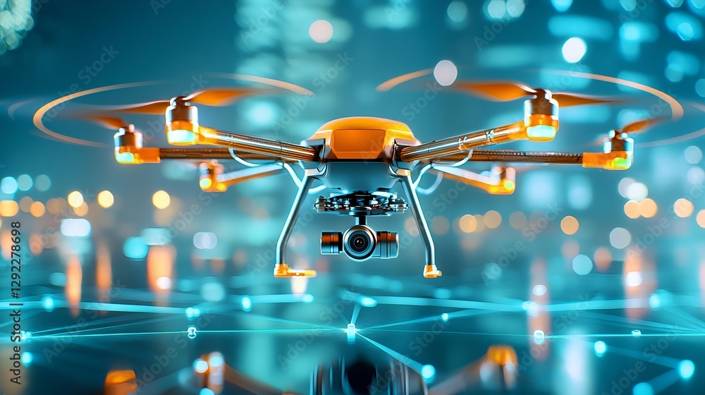 Poster high-tech-drone-with-camera-hovering-above-glowing-city-background-showcasing-advanced-technology-an