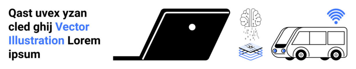 Laptop with data transfer symbols, AI brain, layered data, and smart bus with wireless signal. Ideal for tech innovation, AI, IoT, data sharing, automation smart transport future technology