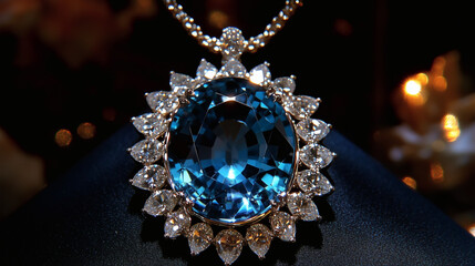 Fototapeta premium Colgante con zafiro azul y diamantes en cadena dorada