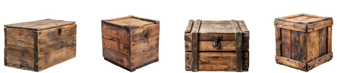 Old wooden box on transparent background collection set