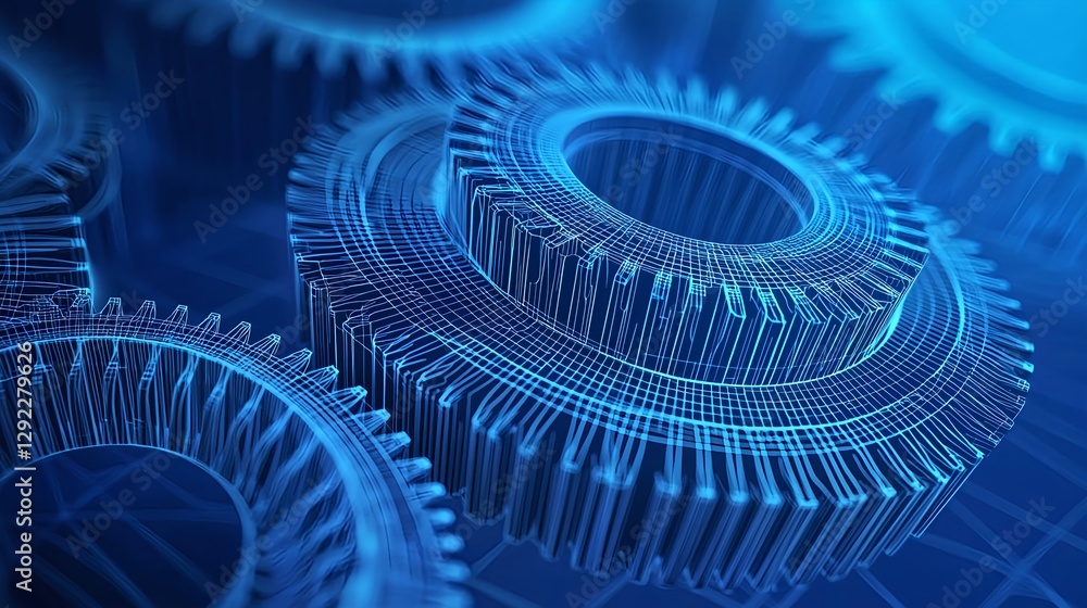 Aufkleber intricate-close-up-of-wireframe-gears-in-a-digital-blue-hue-showcasing-technology-and-mechanical-eng