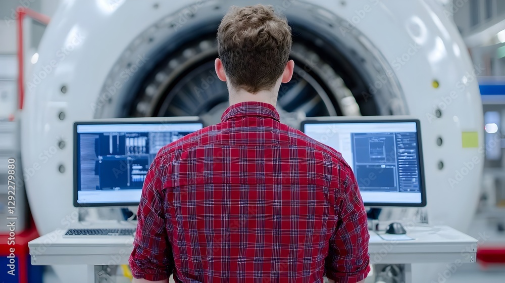 Poster male-technician-working-on-advanced-computer-systems-in-front-of-high-tech-machinery-in-a-modern-lab