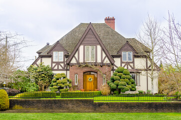 Two story luxury house with beautiful summer  landscape in Vancouver, Canada, North America. Day time on June 2024.