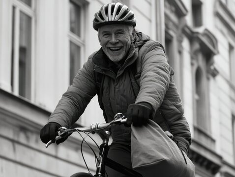 Elderly man on bicycle smiling; cycling as a leisure activity in city; wearing helmet for safety. - Powered by Adobe