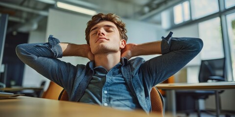 Young man resting head on hand, eyes closed. Modern office environment with blurred background.