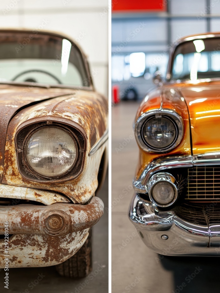 Poster Transformation of a classic car showcasing a rusty before and a polished after restoration in a garage setting. Generative AI