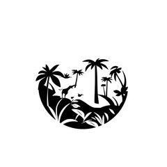 Jungle silhouetted scene with palms, giraff and palms set inside a circle, evoking the beauty of wildlife.