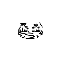 Island Oasis Sunset: Silhouette, palms, pathway, beach, scenic scene, monochrome graphic.