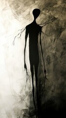 A tall, slender figure stands against a muted background, featuring long limbs that appear to extend into branch-like tendrils, evoking a sense of mystery and unease