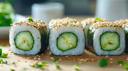 Sesame Cucumber Sushi Rolls on Wooden Board