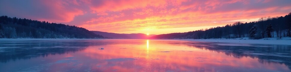 Fototapeta premium Frozen lake at sunset with warm colors and an abstract sky, serene landscape, frozen lake,