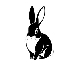 Black and white illustration of a rabbit sitting in a minimal and simplified style.