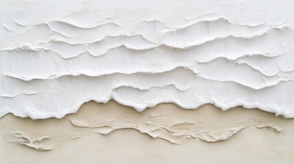 Soft waves of white paint rise and fall against a sandy beige background, creating a tranquil coastal atmosphere. The textured layers evoke a peaceful seaside mood