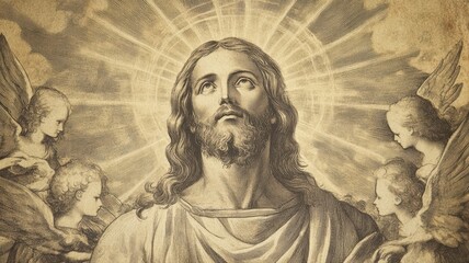 Fototapeta premium A depiction of Christ with long hair and a beard, gazing upward in a moment of contemplation. Angels surround him, enhancing the spiritual atmosphere with soft light