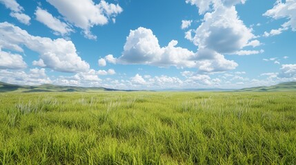 Obraz premium Sunny day, vast green field, blue sky, fluffy clouds, idyllic landscape, perfect for travel brochures