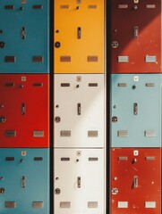 A row of colorful gym lockers