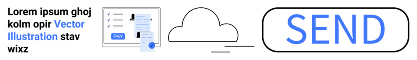 Digital file uploading using cloud interface, progress bar, document preview, and bold Send button. Ideal for technology, communication, cloud sharing, workflow, data transfer storage solutions