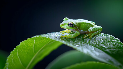 Extreme Macro of Tiny Green Frog on Dew-Covered Leaf