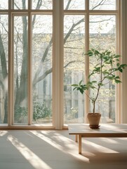 Fototapeta premium A simple, stylish living room with a slender bamboo plant placed on a wooden table near a large window. The sunlit room has minimalistic design elements and wood flooring.